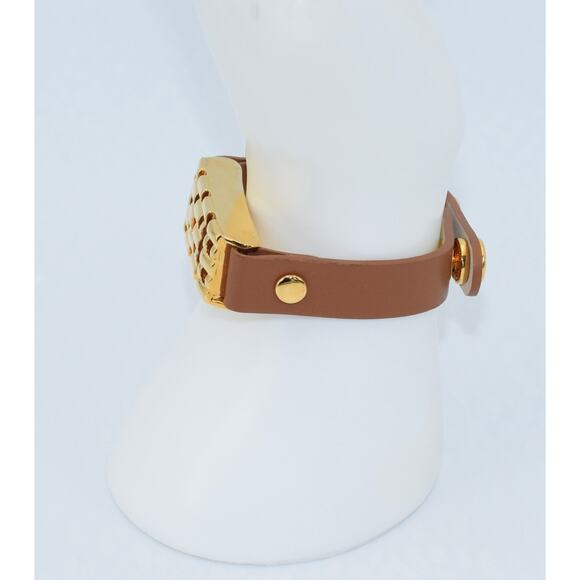 BALENCIAGA Brown Leather Band Gold Tone Locket Box Bracelet - Picture 8 of 9